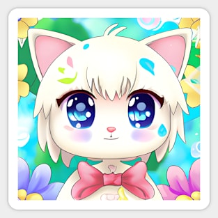 Anime Kawai White Kitten With a Bow Sticker